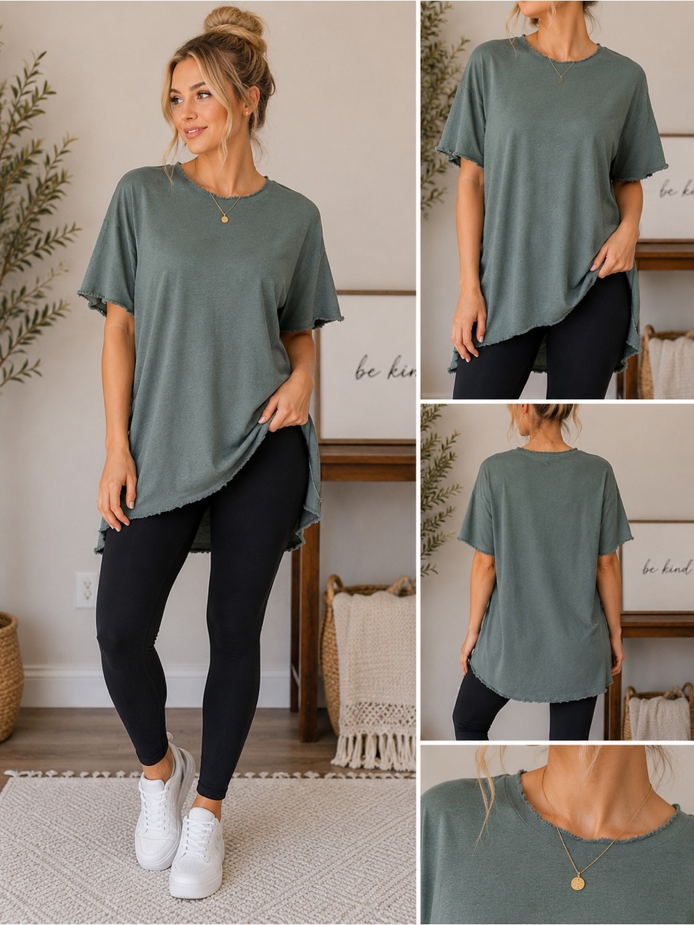 Zenana Ash Jade Short Sleeve Raw-Edge Tunic Tee